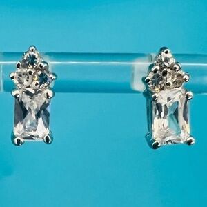 Silver Cubic Zirconia Baguette & Round Stud Earrings • Elegant Sparkle